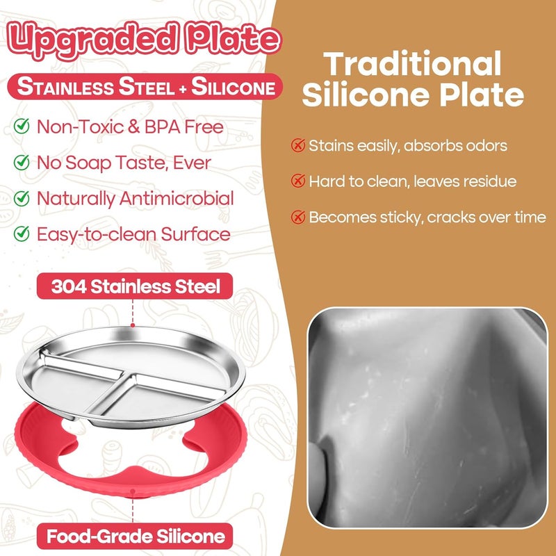 Semloo Stainless Steel Kids Plates with Suction, 2Pack 9" Divided Toddler Plates Removable Non Slip Silicone Sleeves Baby Feeding Led Weaning Supplies, BPA Free, Unbreakable Dishwasher Safe - Image 3